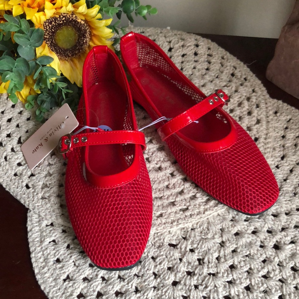 Olivia + Kate Red Mary Jane Mesh Flats